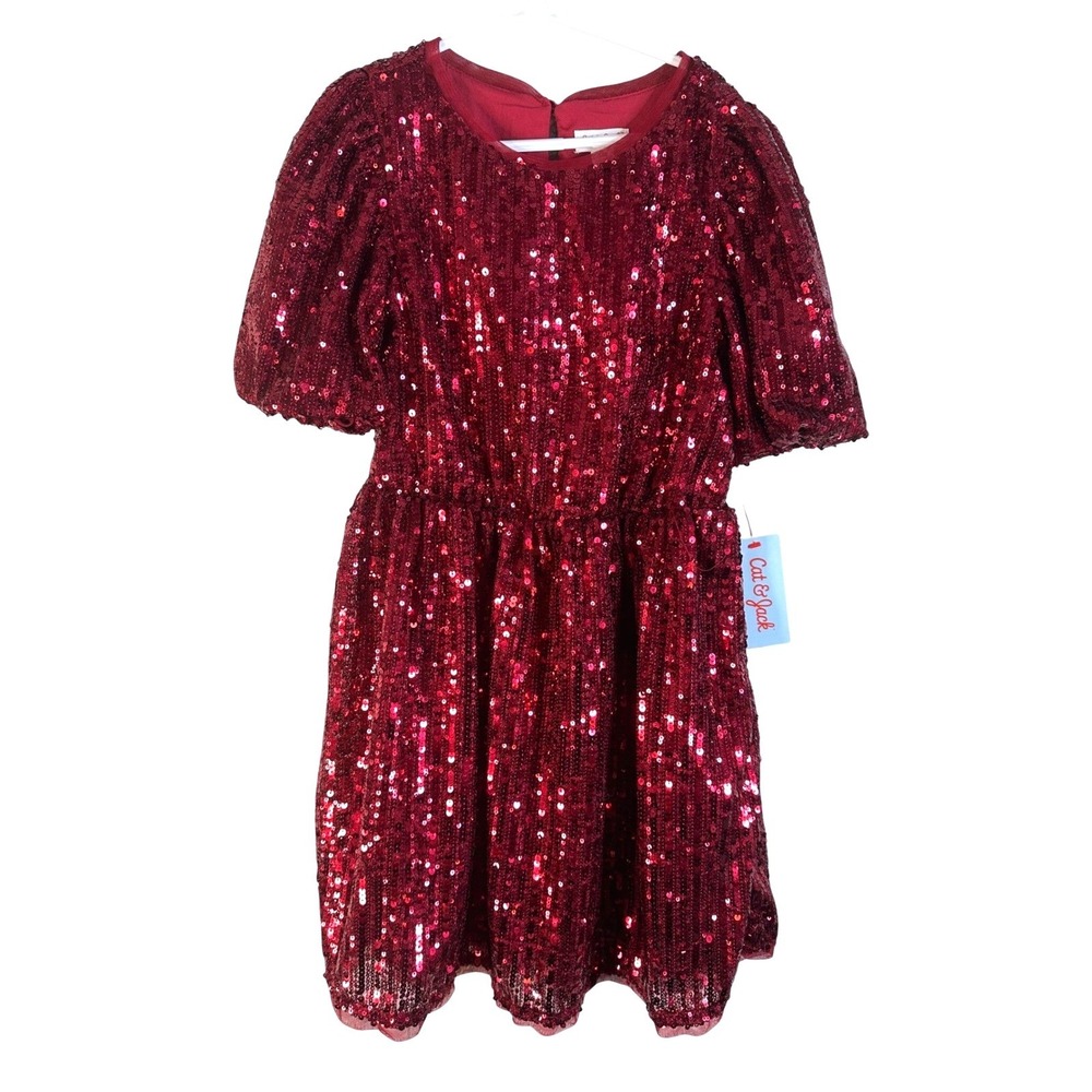 Cat & Jack Girl's Red Sequin Puff Sleeve Party Dress Size Medium 8 New with tags